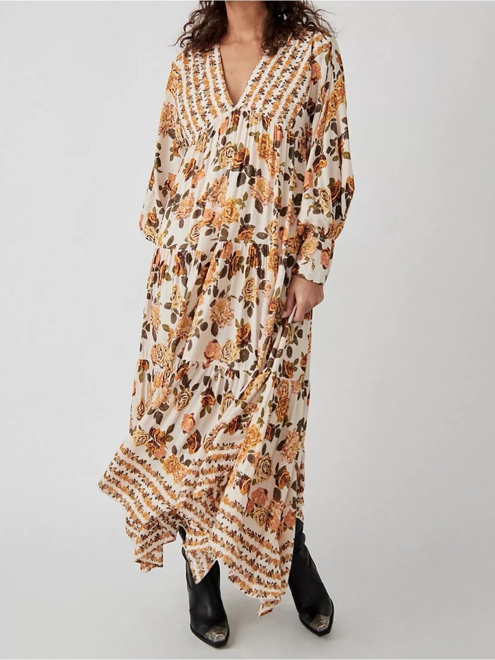 Free People Cream Floral Maxi Dress with Mustard and Brown Roses 100% viscose